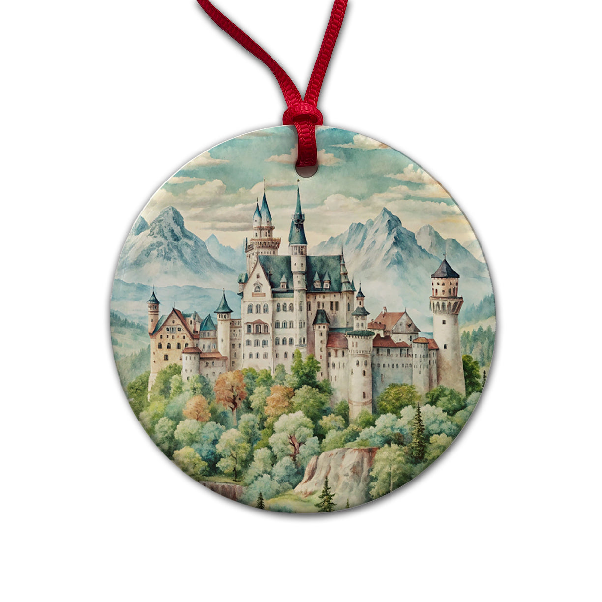 German Castle Watercolor Neuschwanstein Round Ceramic Holiday Christmas Tree Ornament