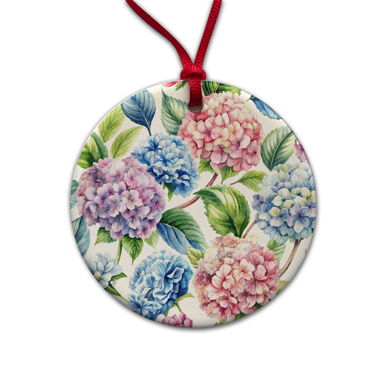 Hydrangea Flowers Wallpaper Round Ceramic Holiday Christmas Tree Ornament