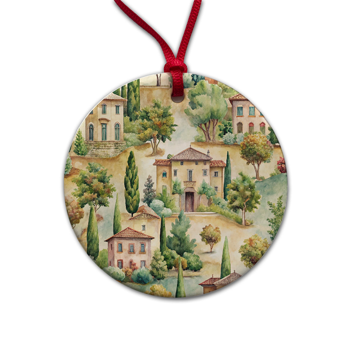 Italian Villa Hillside Town Italy Round Ceramic Holiday Christmas Tree Ornament