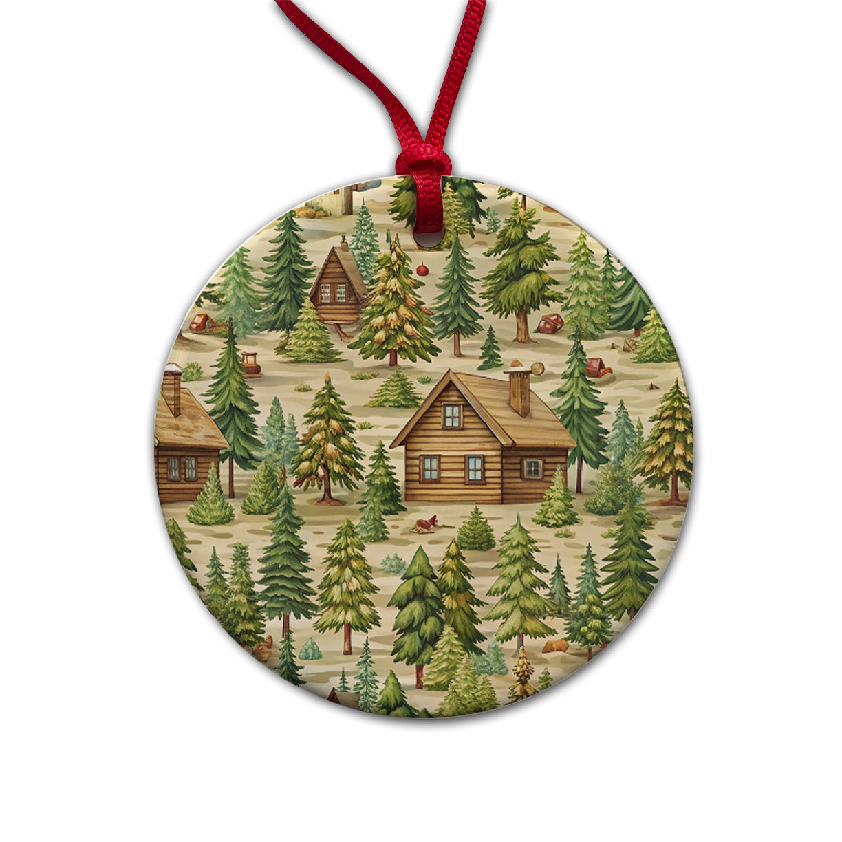 Log Cabin In Forest Pattern Round Ceramic Holiday Christmas Tree Ornament