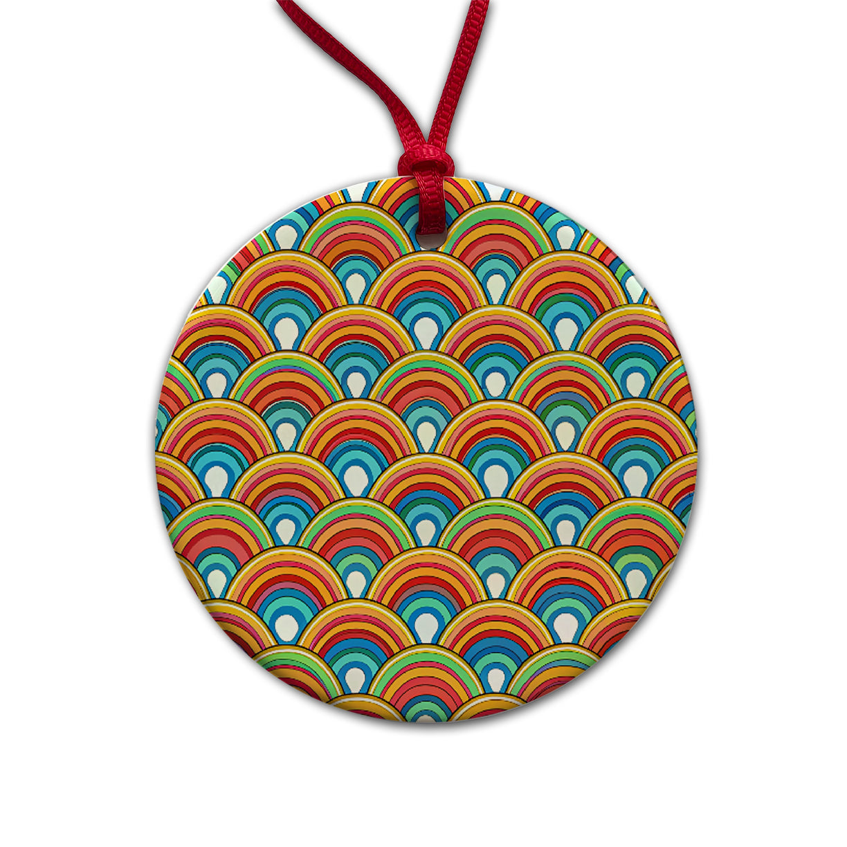 Retro Rainbow Pattern Round Ceramic Holiday Christmas Tree Ornament