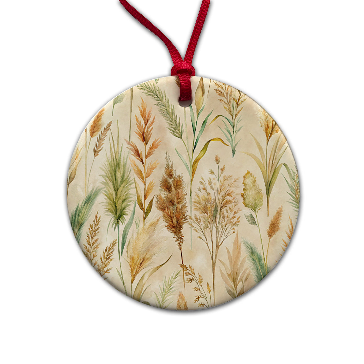 Wild Grasses Wheat Pattern Round Ceramic Holiday Christmas Tree Ornament