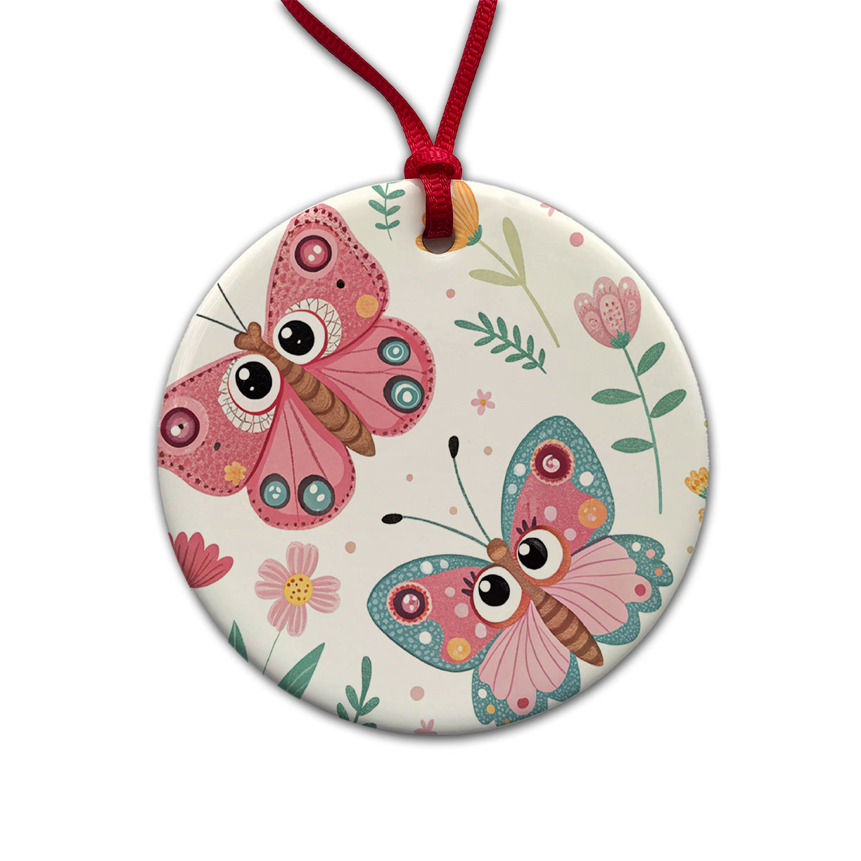 Adorable Butterflies Round Ceramic Holiday Christmas Tree Ornament