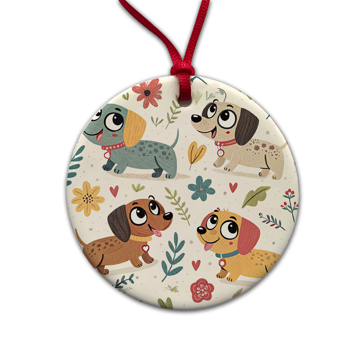 Adorable Dogs Round Ceramic Holiday Christmas Tree Ornament