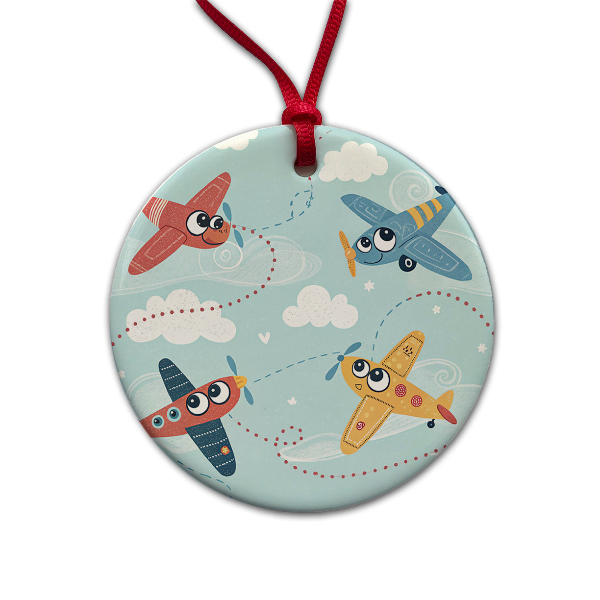 Airplanes Cute Cartoon Round Ceramic Holiday Christmas Tree Ornament