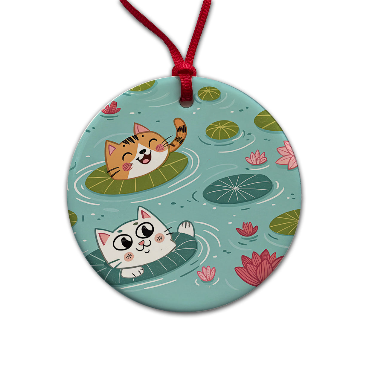 Cats Swimming In Pond Round Ceramic Holiday Christmas Tree Ornament