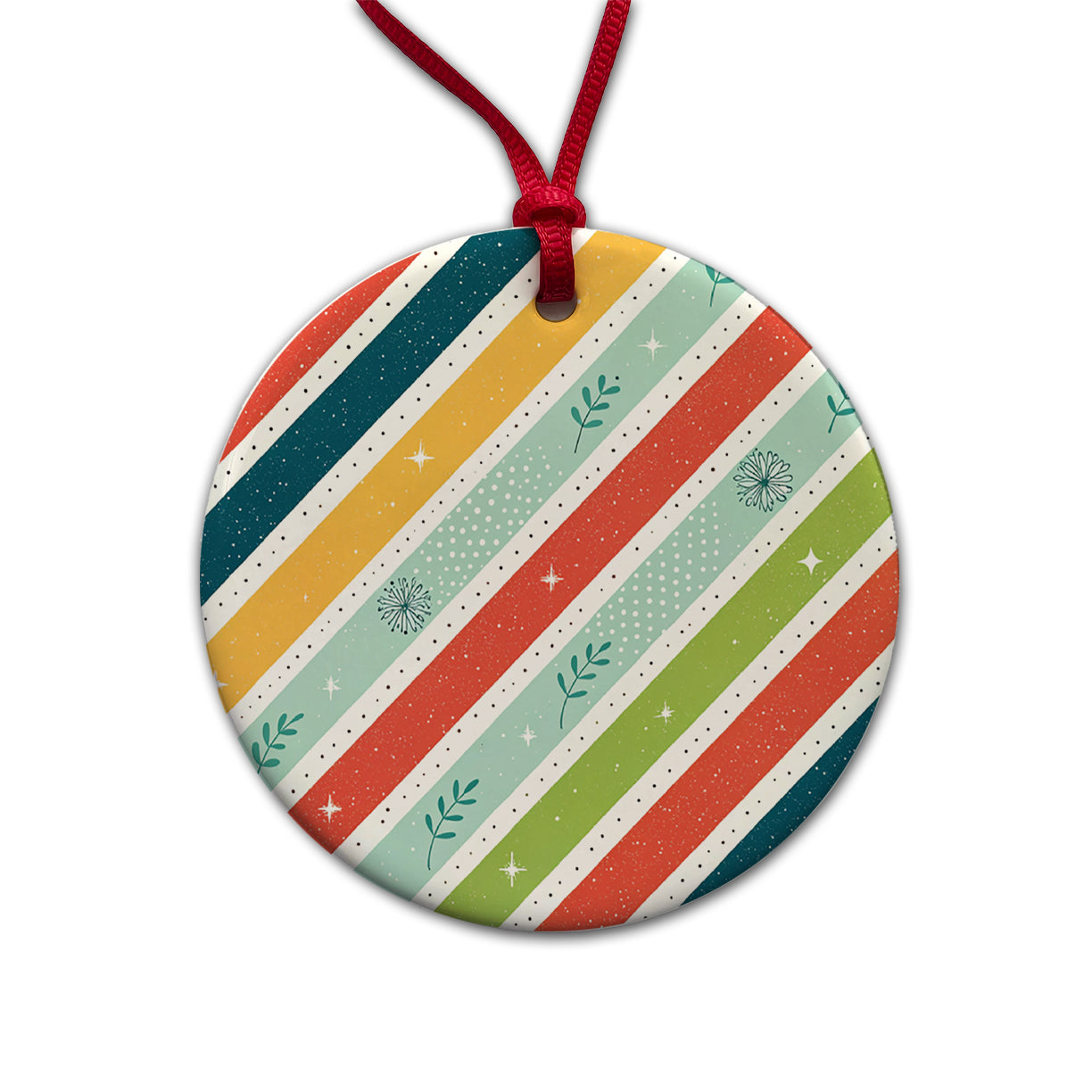 Cute Diagonal Stripes Round Ceramic Holiday Christmas Tree Ornament