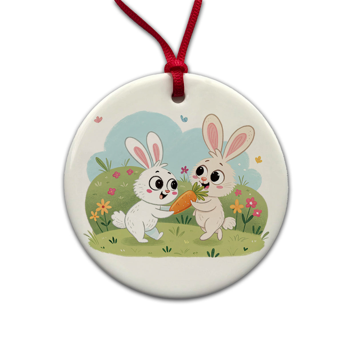 Cute Rabbits Bunnies Easter Round Ceramic Holiday Christmas Tree Ornament