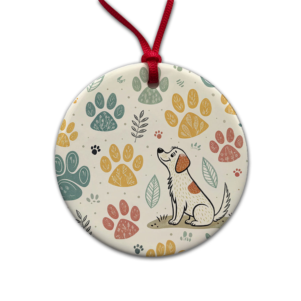 Dog Paw Prints Adorable Round Ceramic Holiday Christmas Tree Ornament