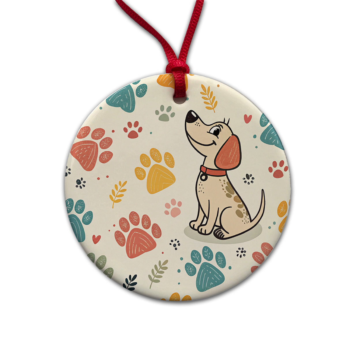 Dog Paw Prints Pastel Round Ceramic Holiday Christmas Tree Ornament