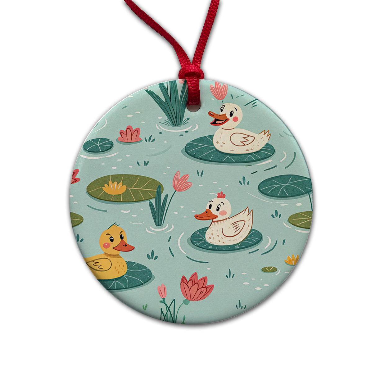 Ducks In Pond Round Ceramic Holiday Christmas Tree Ornament