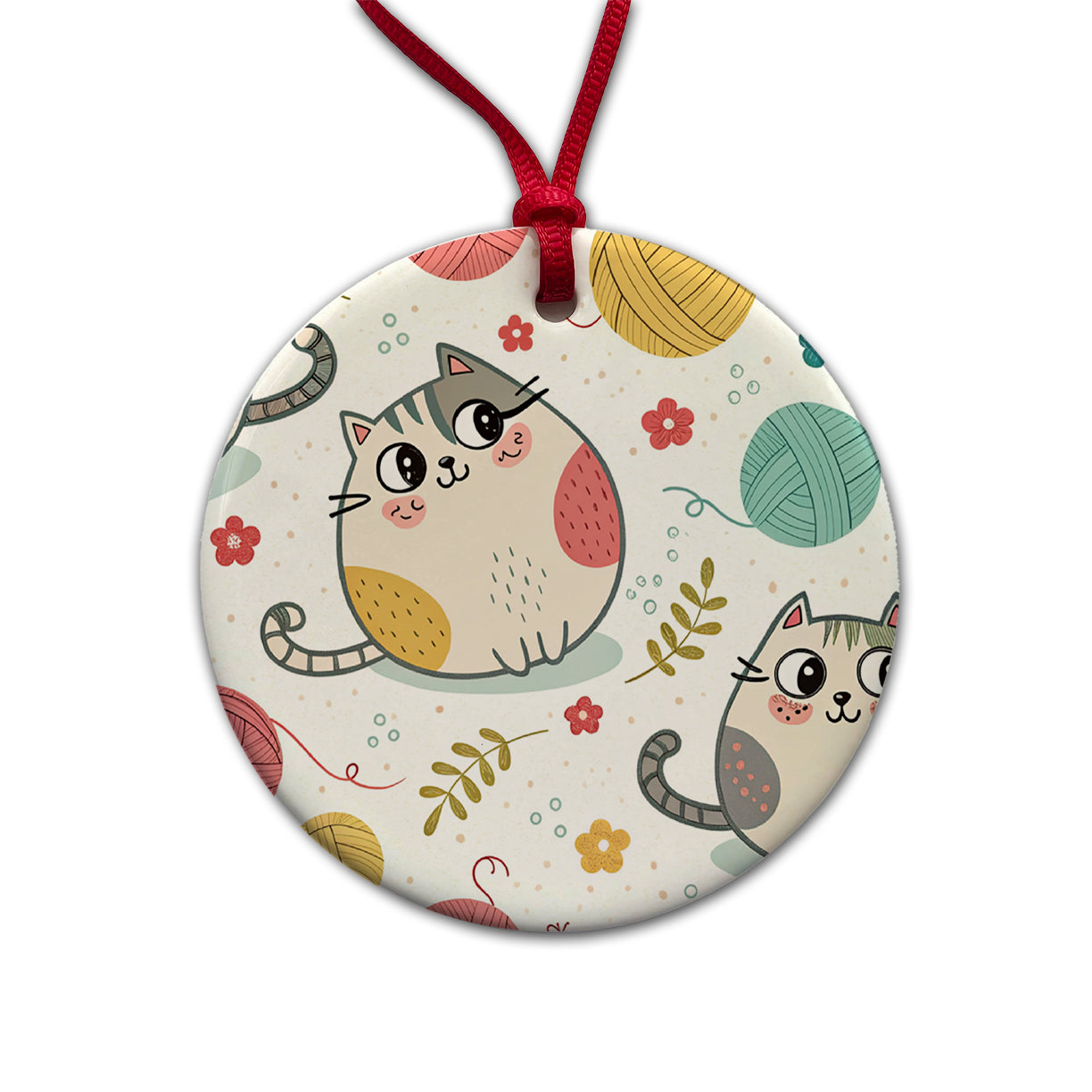 Fat Cats And Yarn Knitting Crochet Round Ceramic Holiday Christmas Tree Ornament