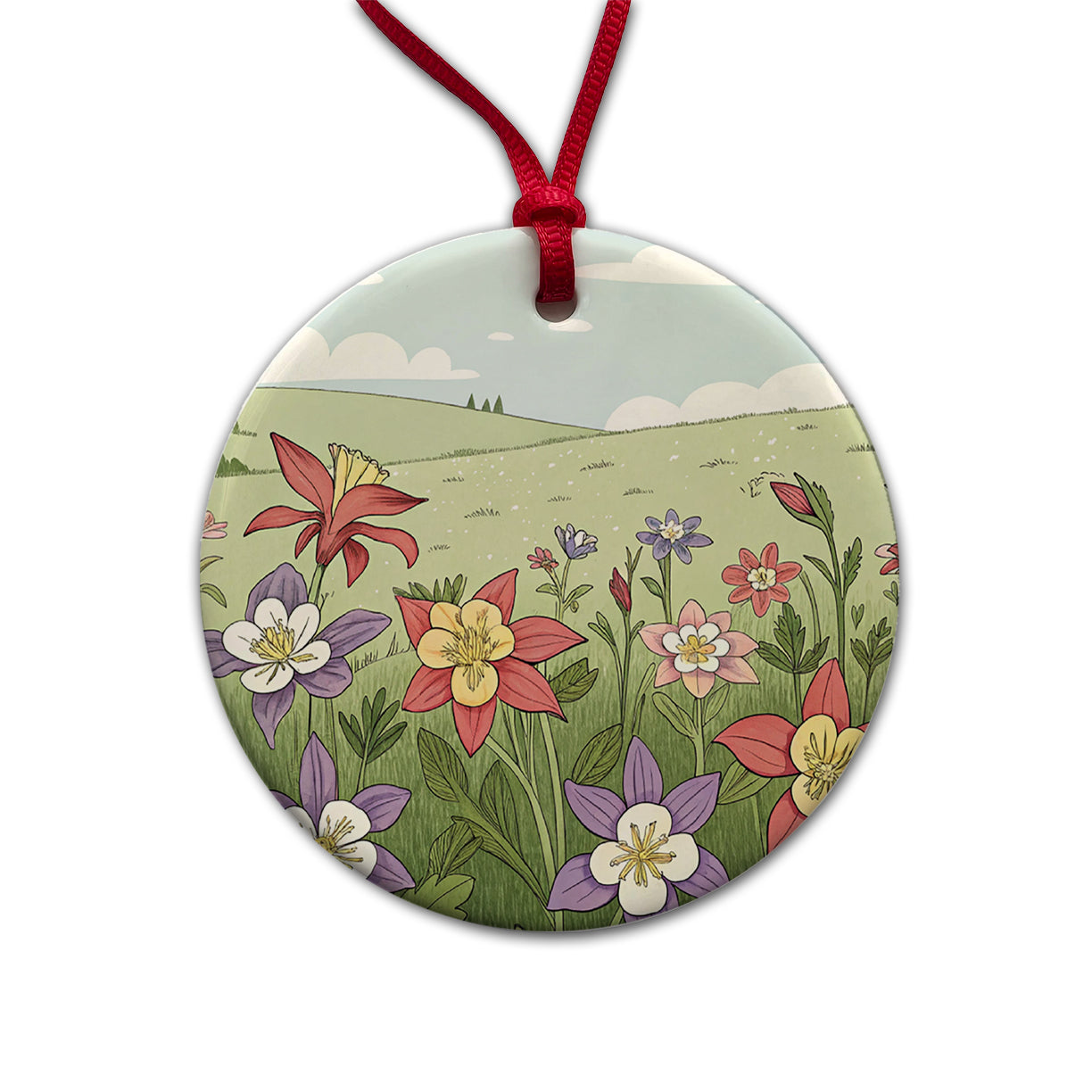 Field Of Columbine Flowers Round Ceramic Holiday Christmas Tree Ornament