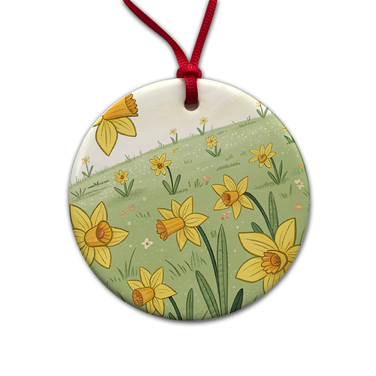 Field Of Daffodils Flowers Round Ceramic Holiday Christmas Tree Ornament