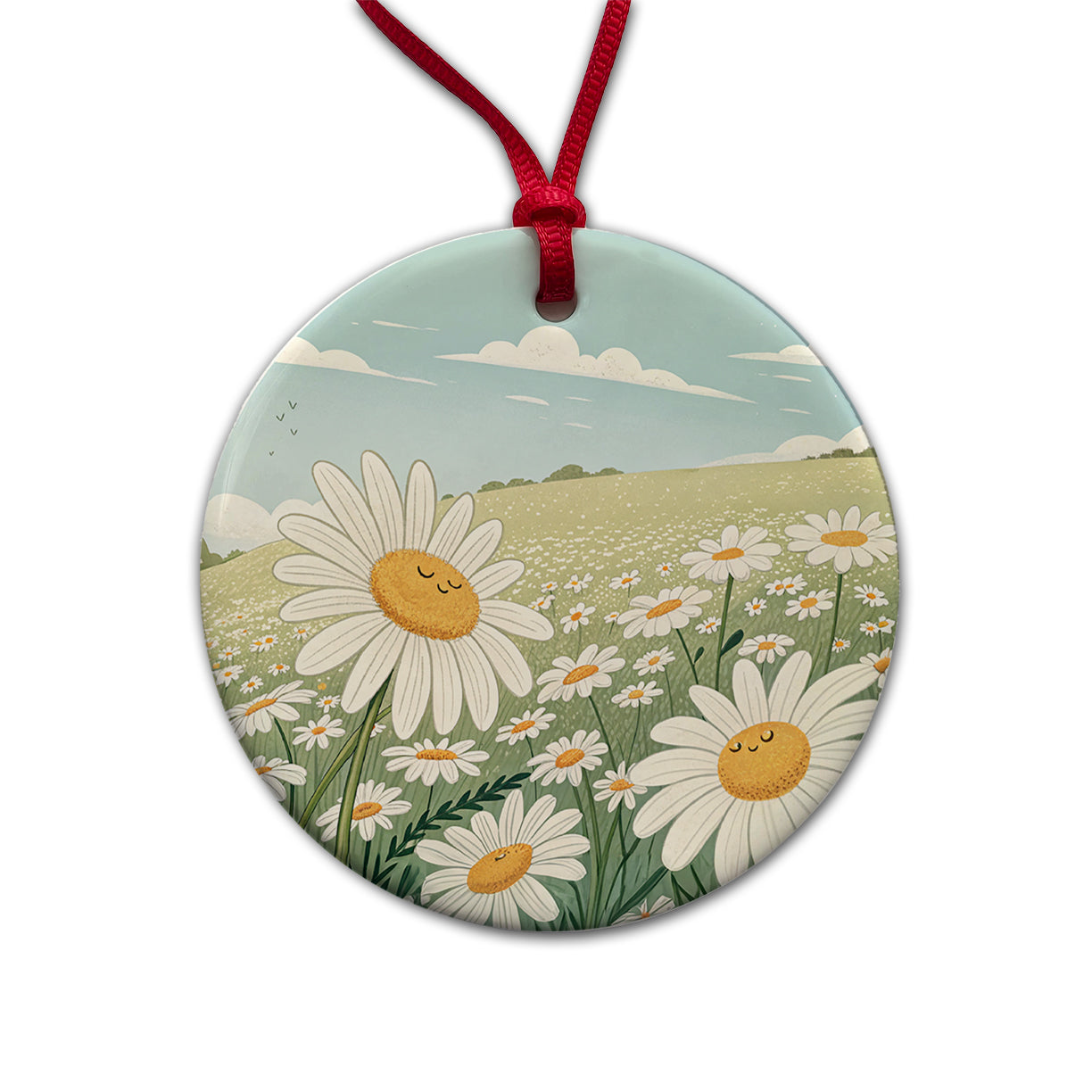 Field Of Daisies Daisy Flowers Round Ceramic Holiday Christmas Tree Ornament