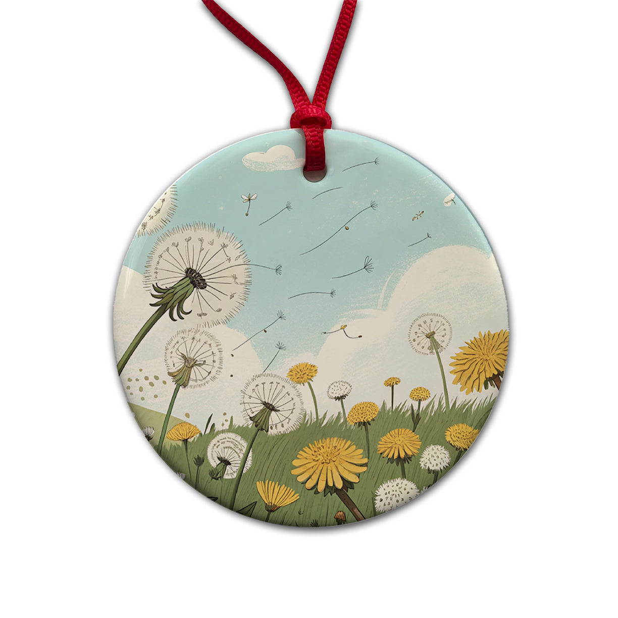 Field Of Dandelions Flowers Round Ceramic Holiday Christmas Tree Ornament