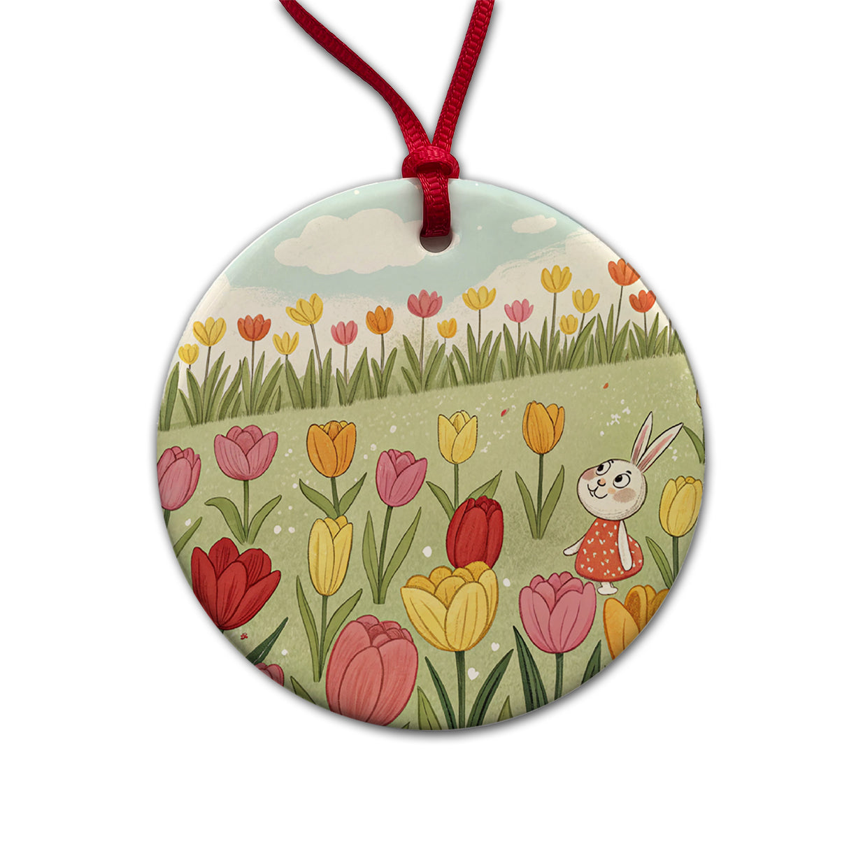 Field Of Tulips And Bunny Flowers Round Ceramic Holiday Christmas Tree Ornament