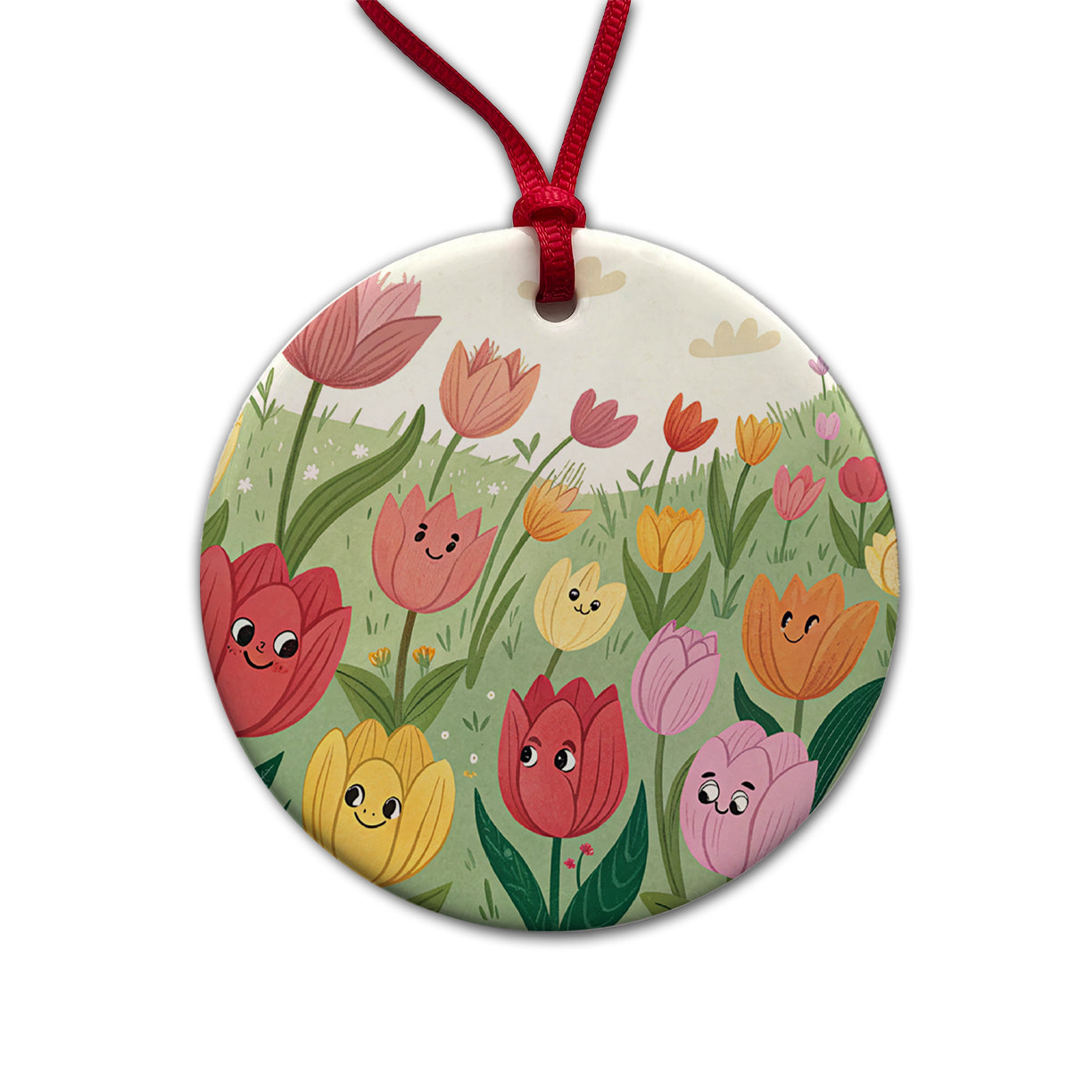 Field Of Tulips Flowers Round Ceramic Holiday Christmas Tree Ornament