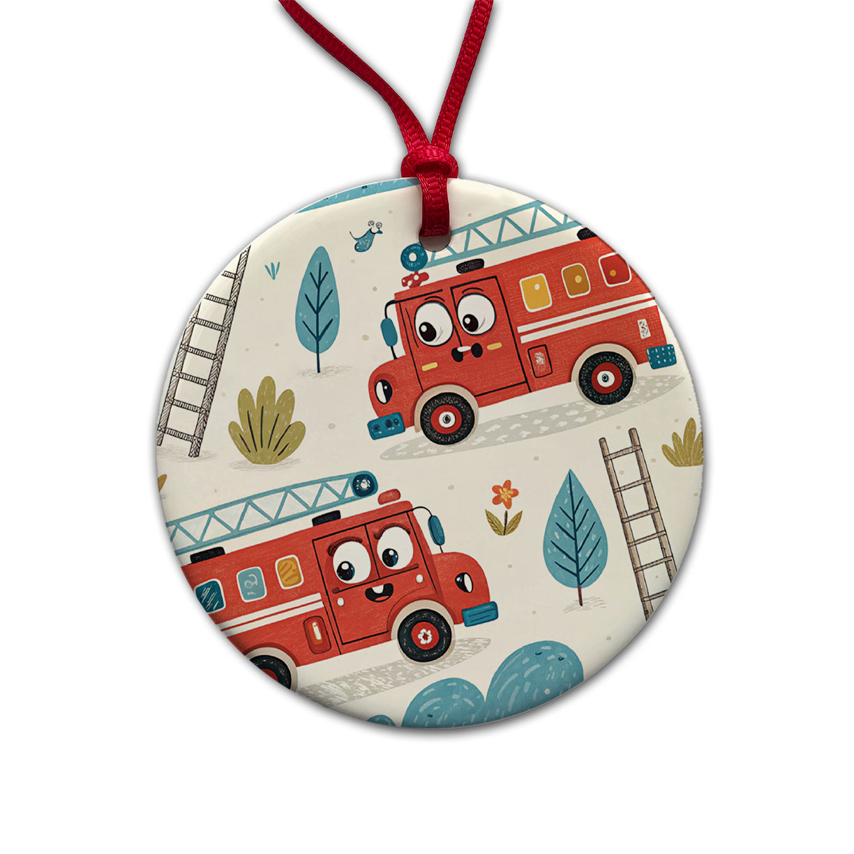 Firetrucks Cartoon Style Round Ceramic Holiday Christmas Tree Ornament