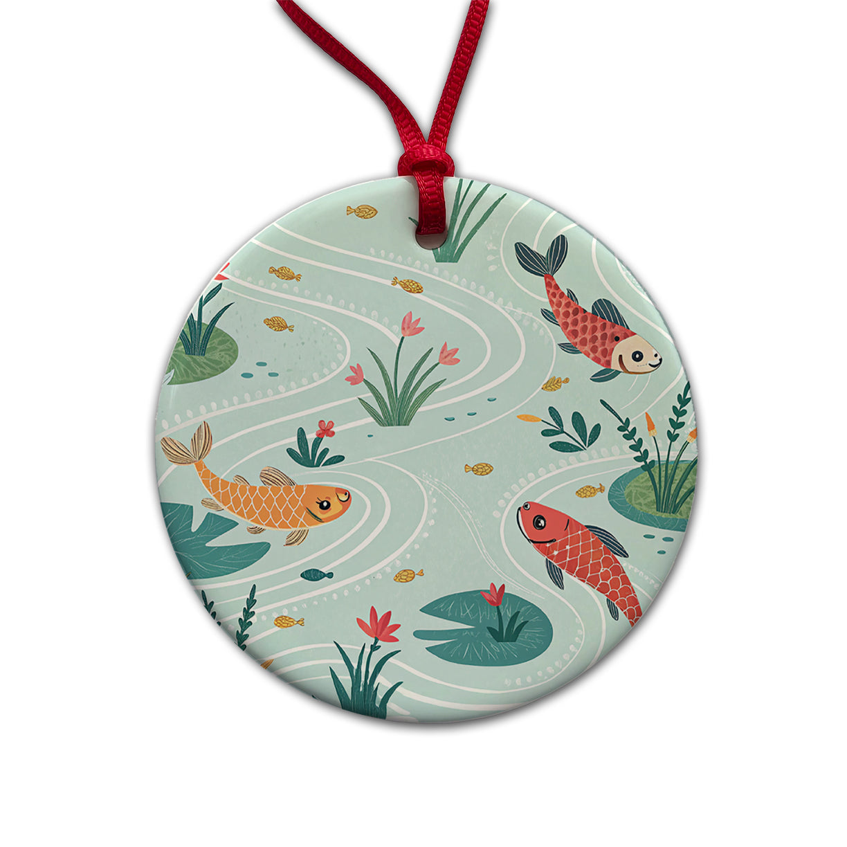 Fish Swimming In Pond Round Ceramic Holiday Christmas Tree Ornament