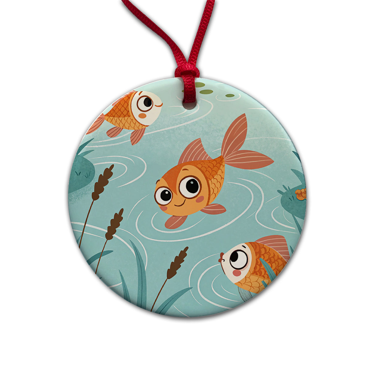 Gold Fish Swimming In Pond Round Ceramic Holiday Christmas Tree Ornament