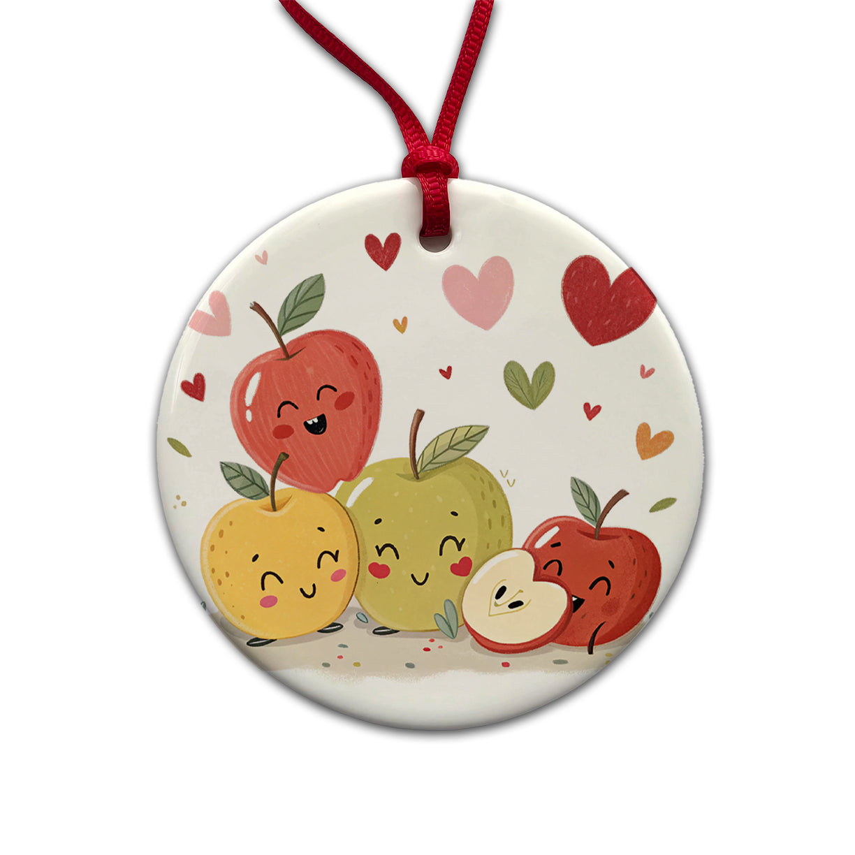 Kawaii Apples And Hearts Round Ceramic Holiday Christmas Tree Ornament