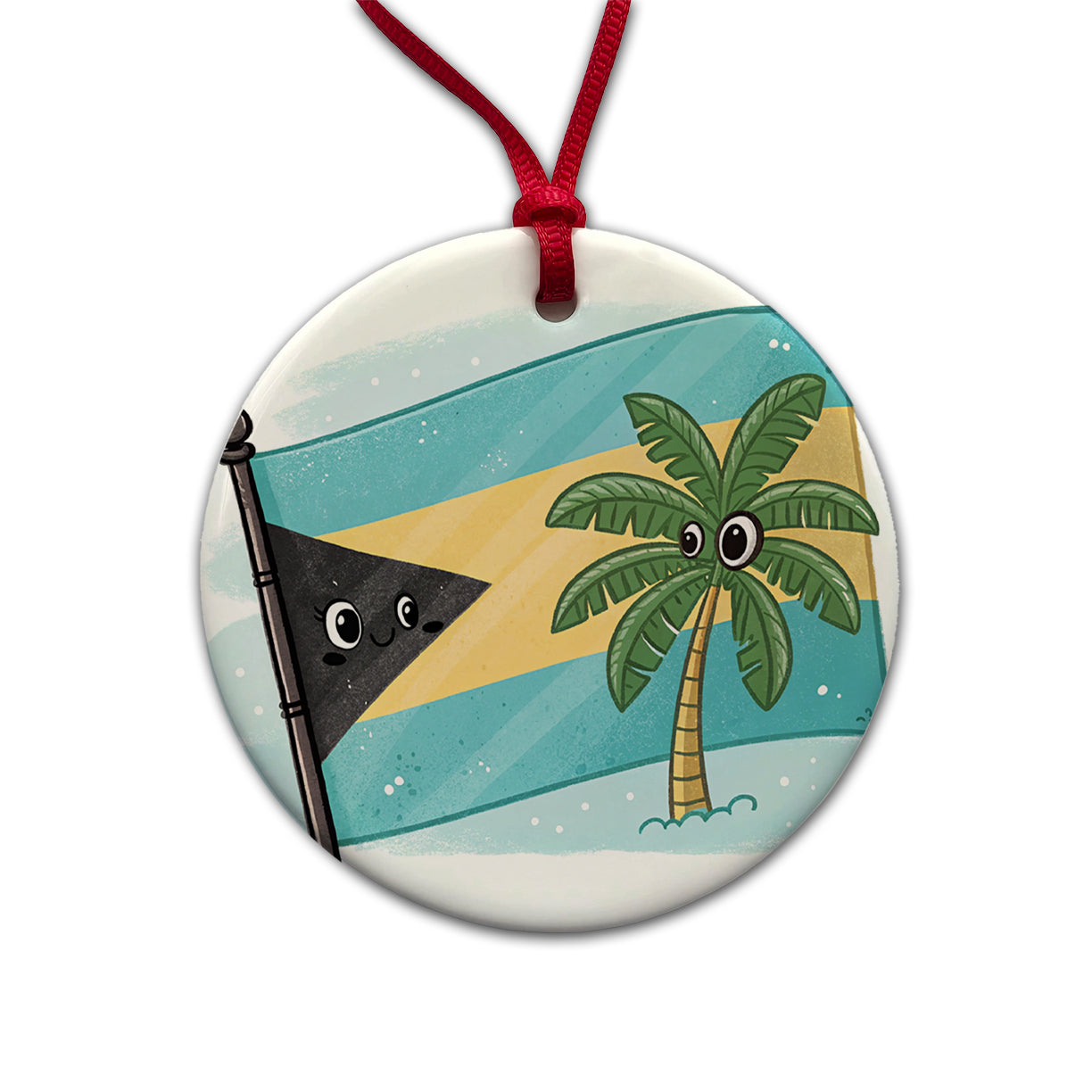 Kawaii Bahamas Flag Round Ceramic Holiday Christmas Tree Ornament