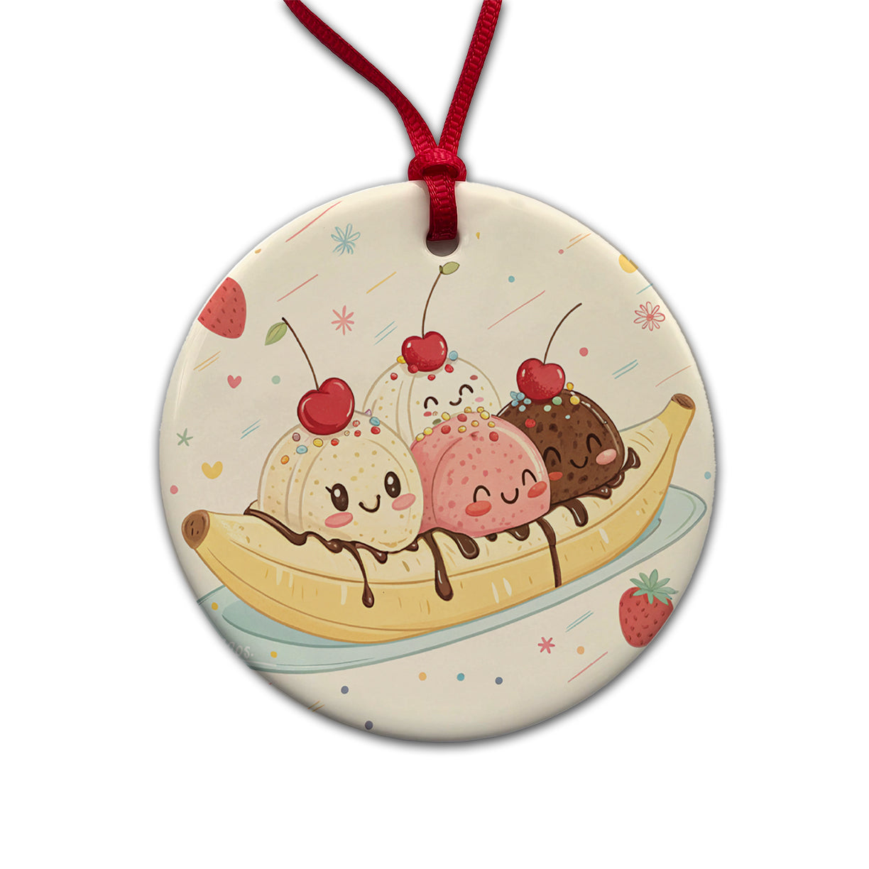 Kawaii Banana Split Ice Cream Round Ceramic Holiday Christmas Tree Ornament