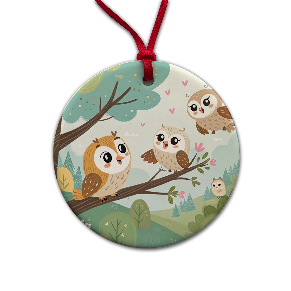 Kawaii Barn Owls Round Ceramic Holiday Christmas Tree Ornament