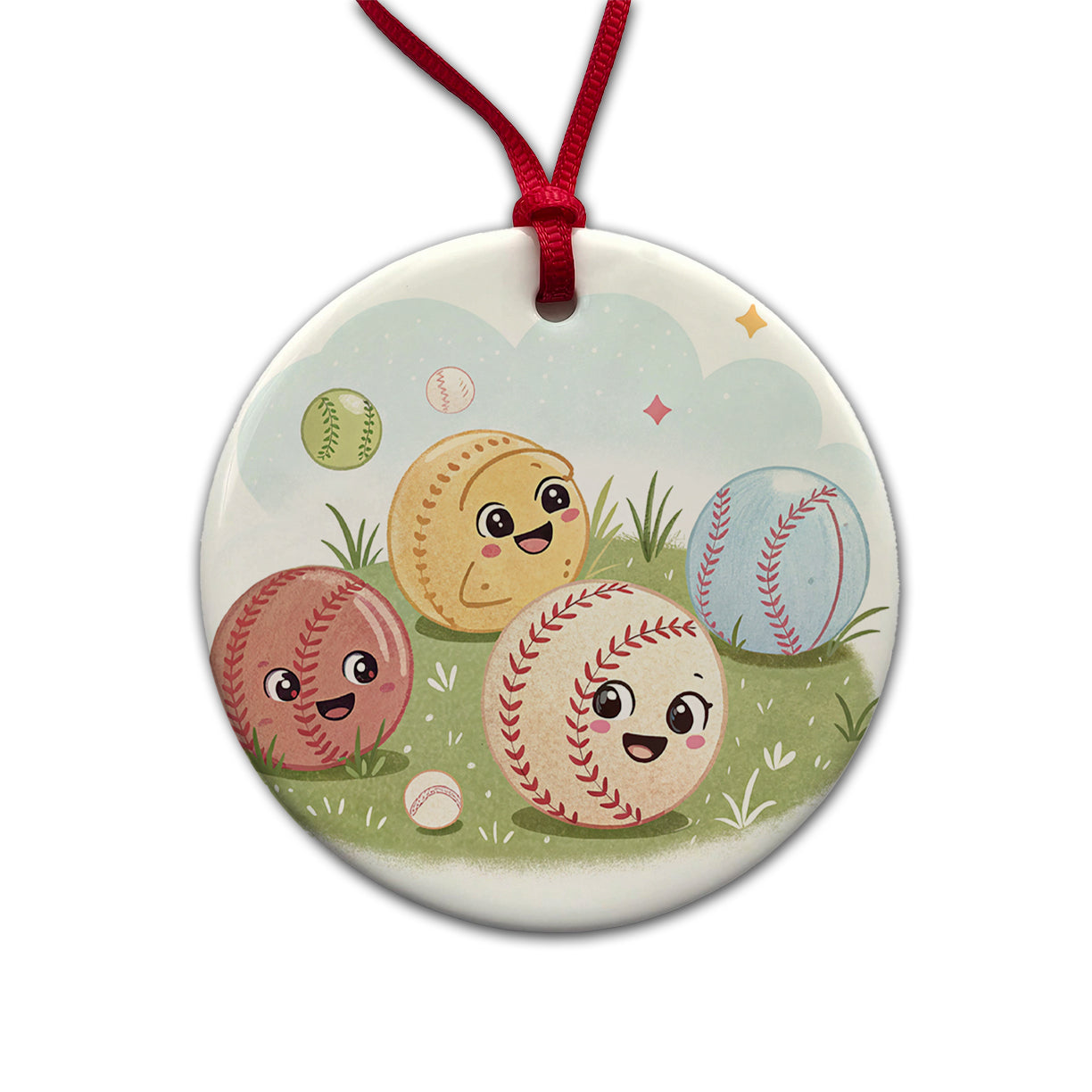 Kawaii Baseballs Round Ceramic Holiday Christmas Tree Ornament