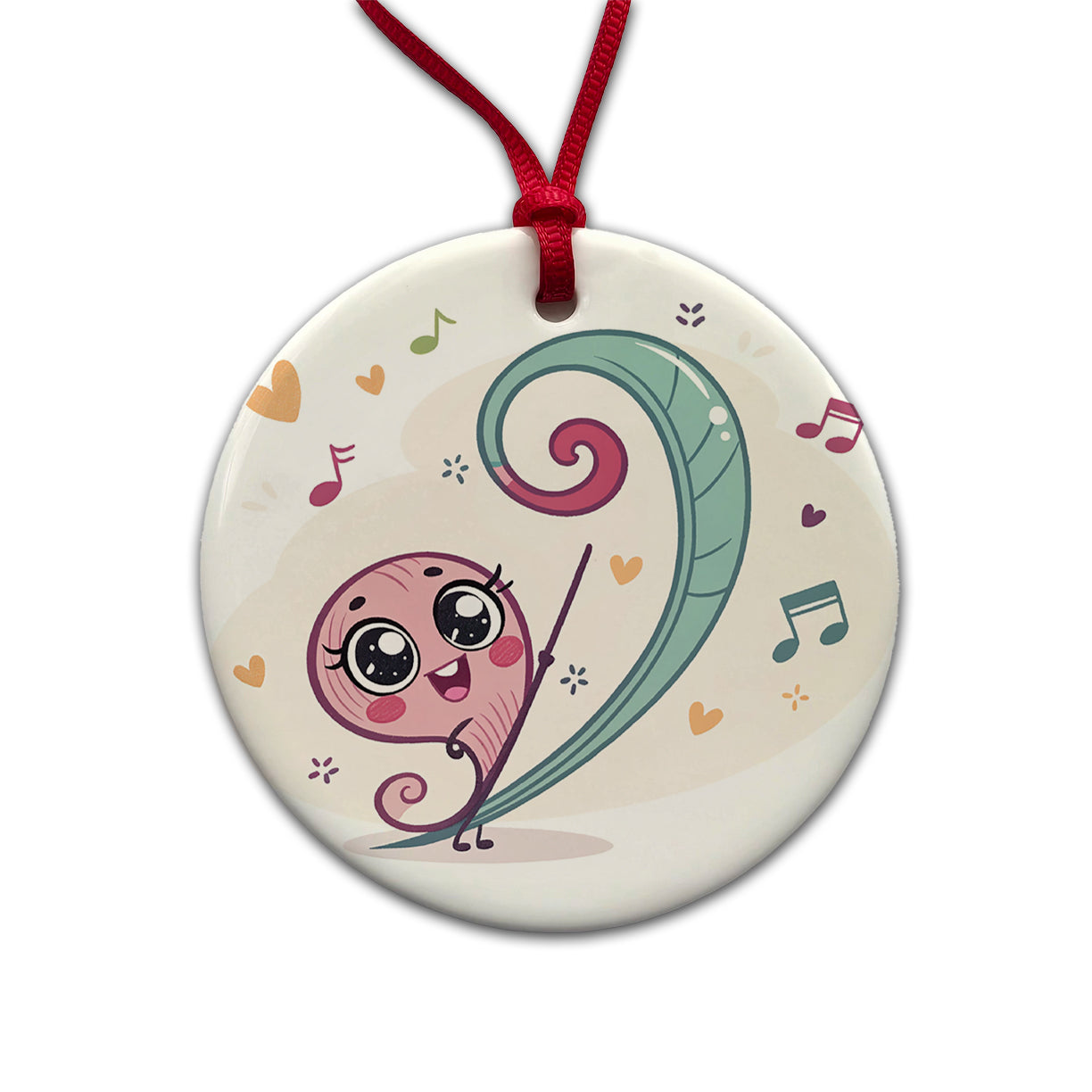 Kawaii Bass Clef Music Round Ceramic Holiday Christmas Tree Ornament