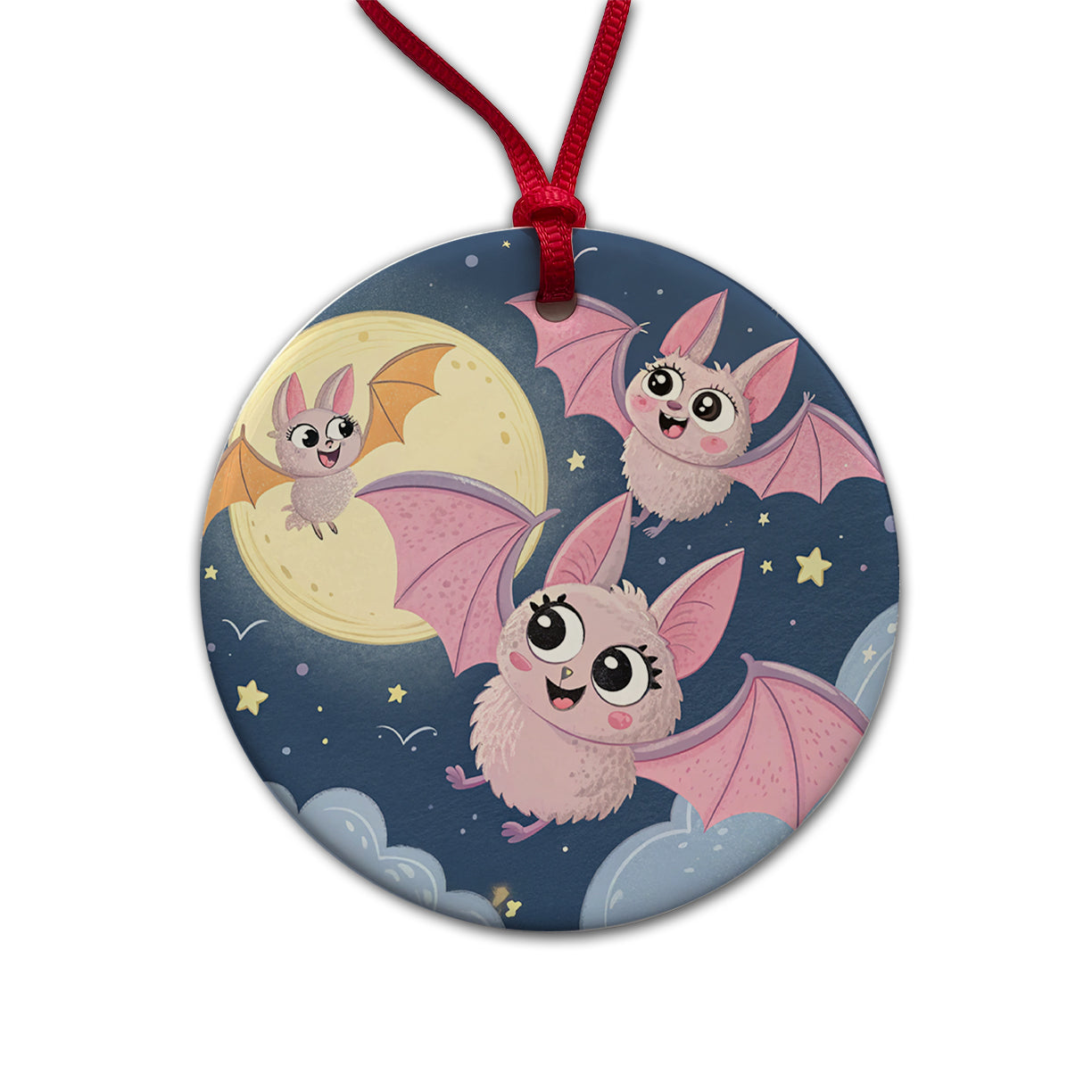 Kawaii Bats Round Ceramic Holiday Christmas Tree Ornament