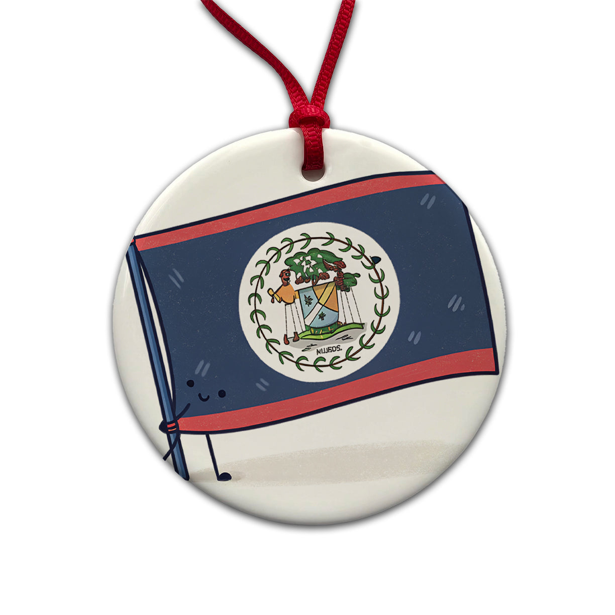 Kawaii Belize Flag Round Ceramic Holiday Christmas Tree Ornament