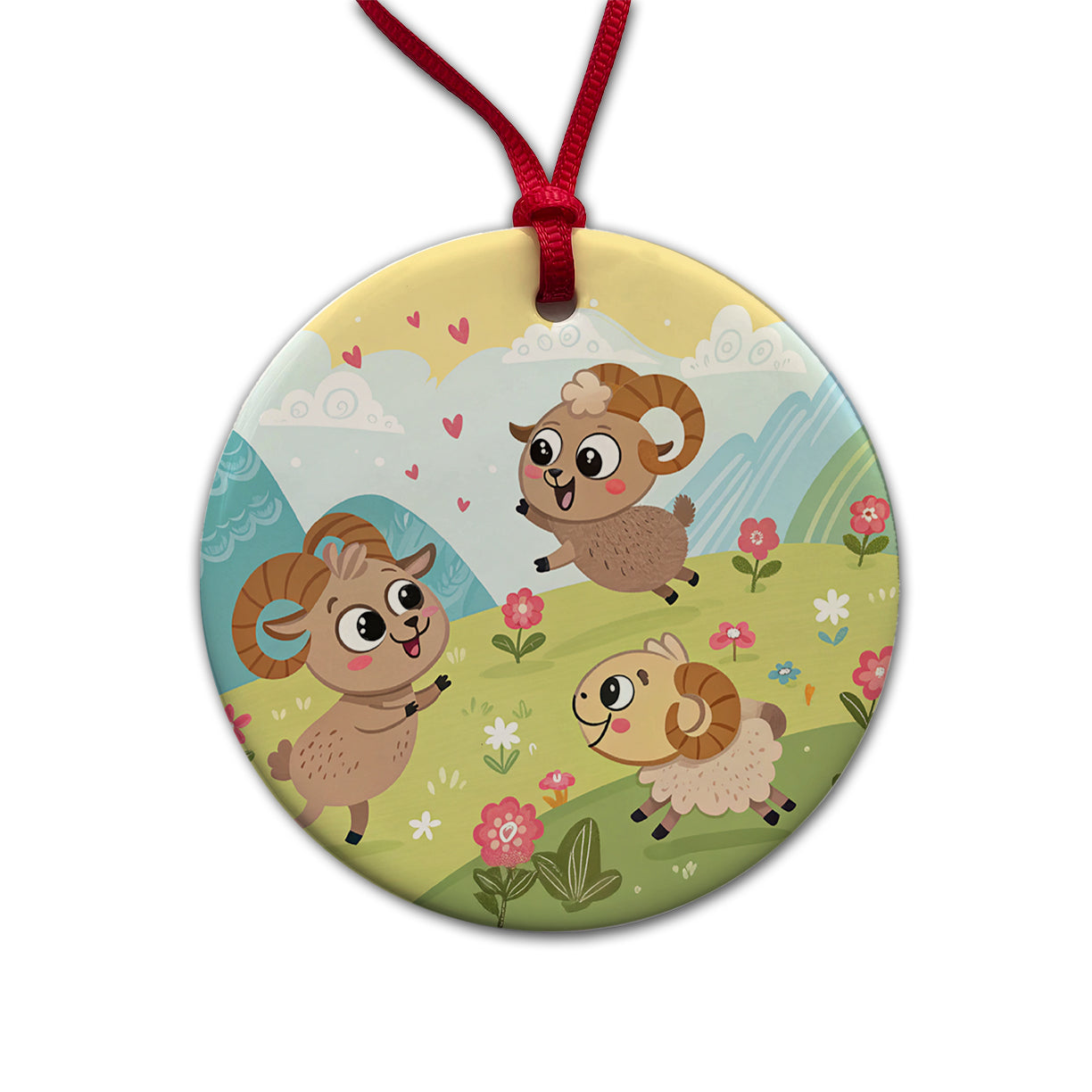 Kawaii Bighorn Sheep Round Ceramic Holiday Christmas Tree Ornament