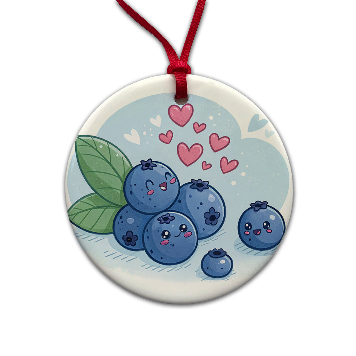 Kawaii Blueberries And Hearts Round Ceramic Holiday Christmas Tree Ornament