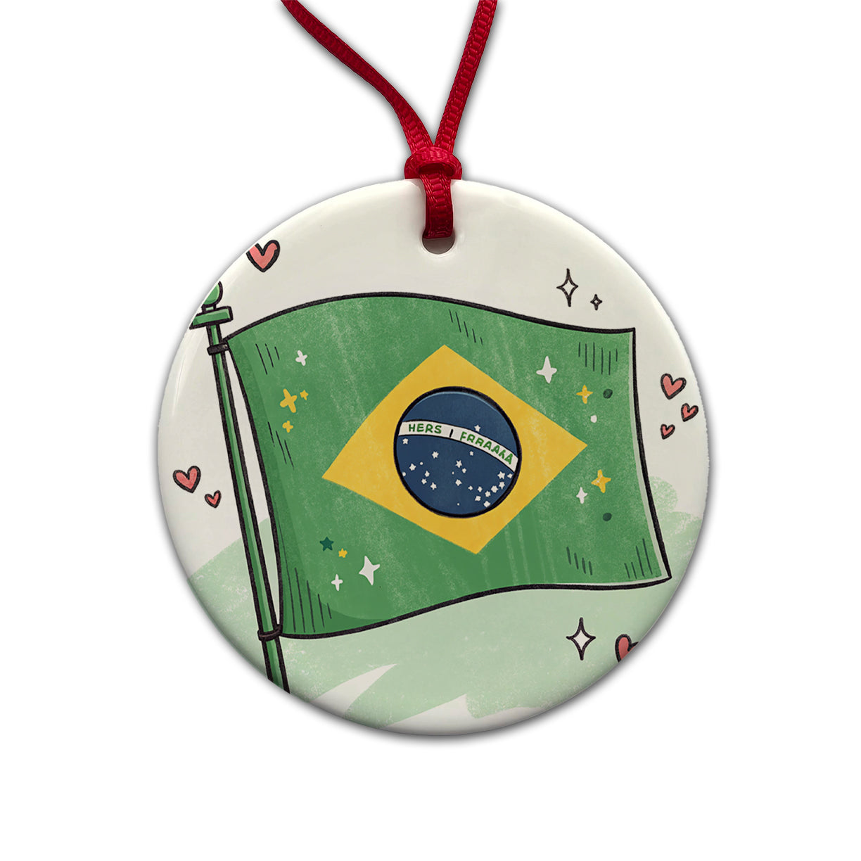 Kawaii Brazil Flag Round Ceramic Holiday Christmas Tree Ornament