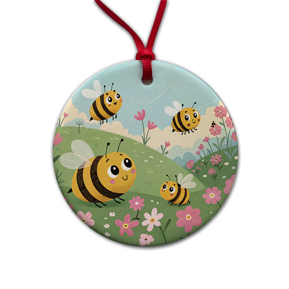 Kawaii Bumble Bees Round Ceramic Holiday Christmas Tree Ornament