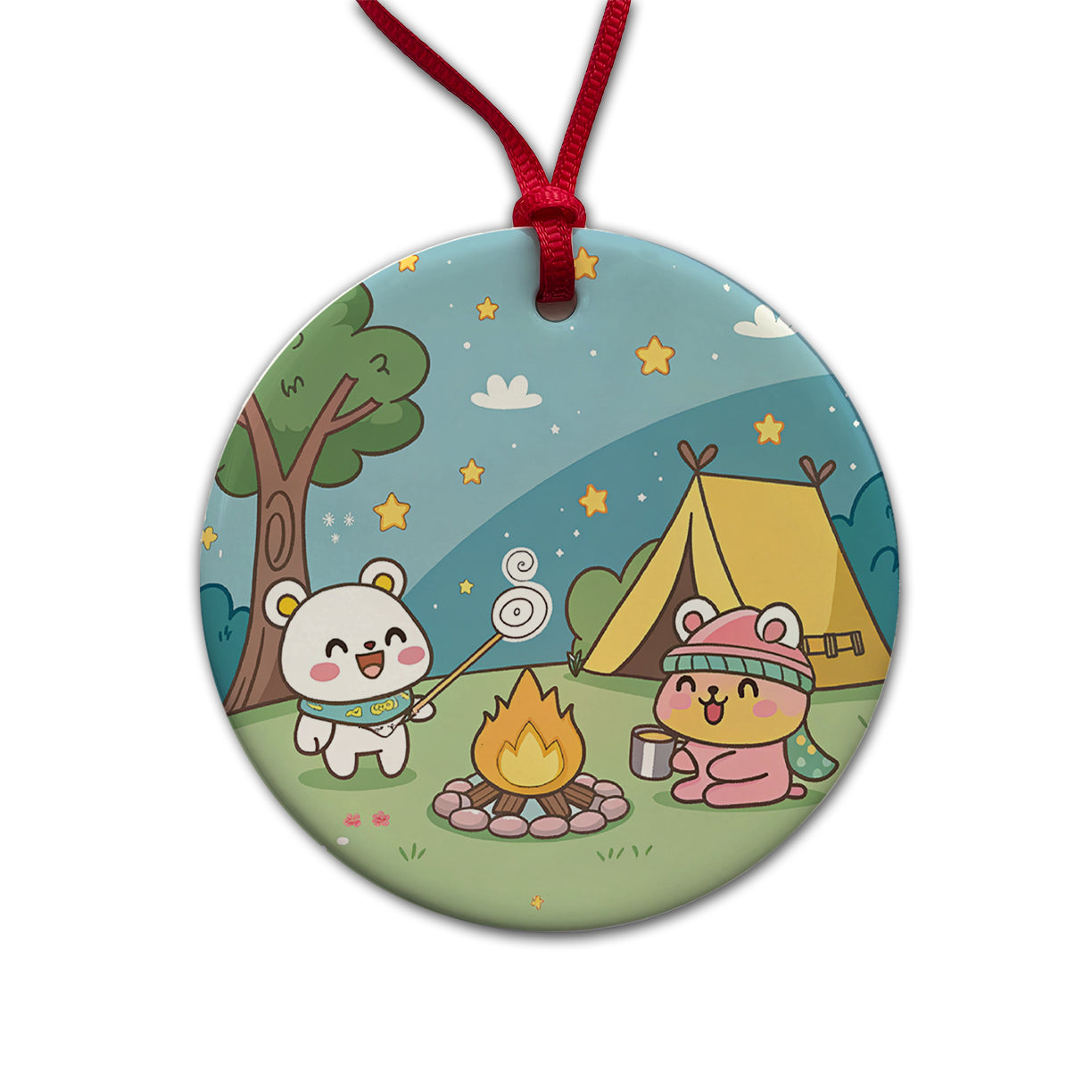 Kawaii Camping Campfire Tent Round Ceramic Holiday Christmas Tree Ornament