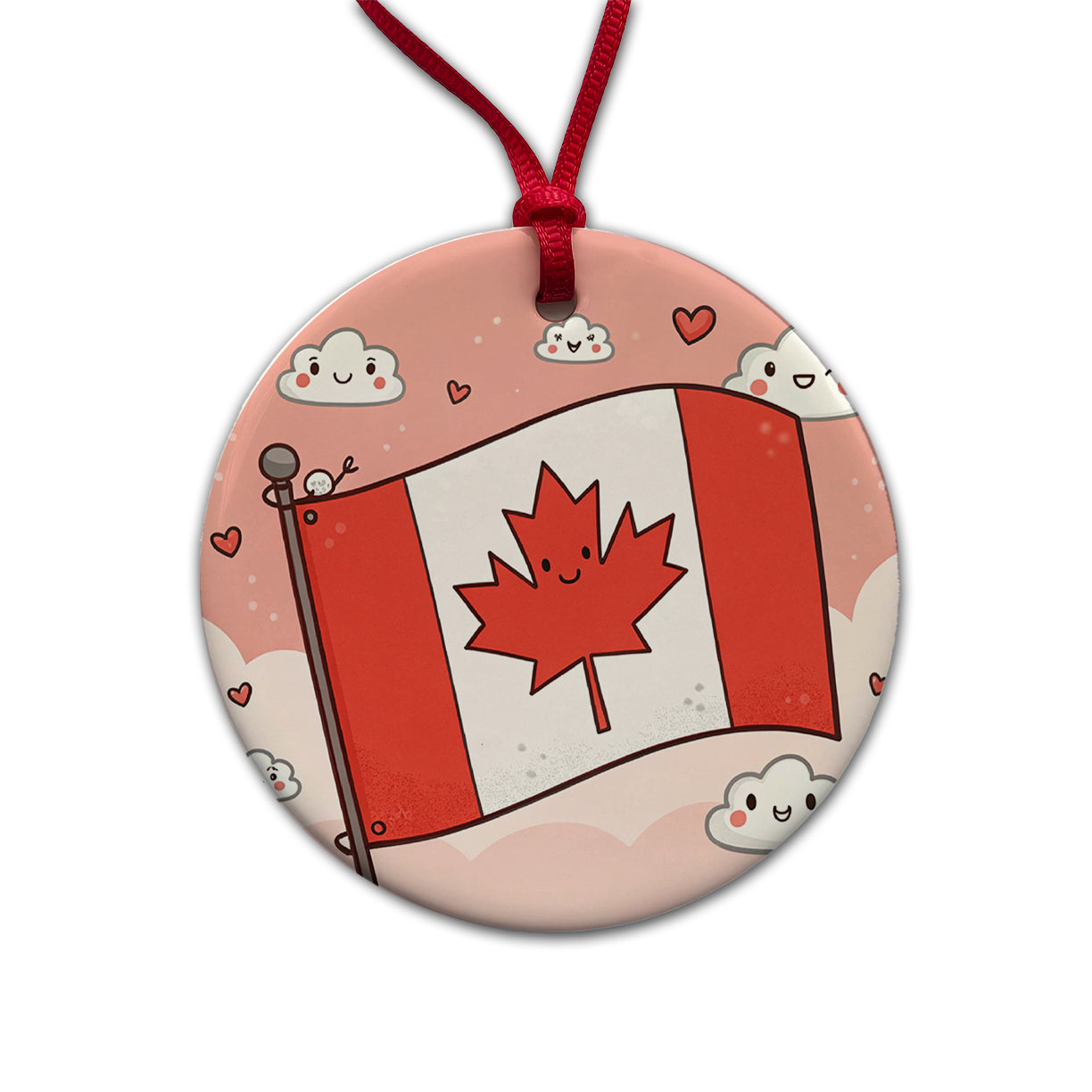 Kawaii Canada Flag Round Ceramic Holiday Christmas Tree Ornament