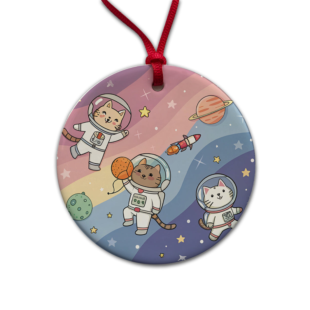 Kawaii Cat Astronauts Round Ceramic Holiday Christmas Tree Ornament