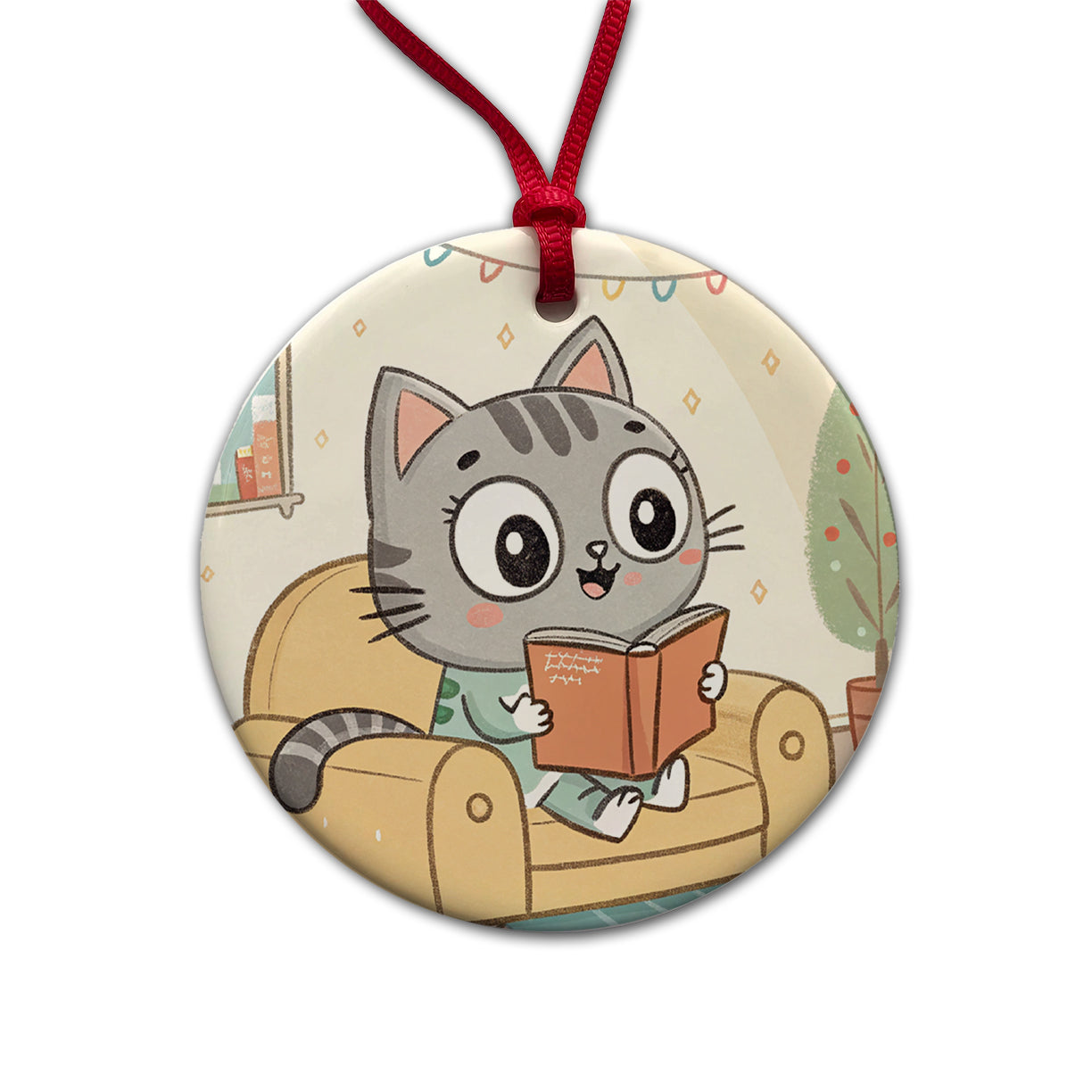 Kawaii Cat Reading Book On Couch Reader Round Ceramic Holiday Christmas Tree Ornament