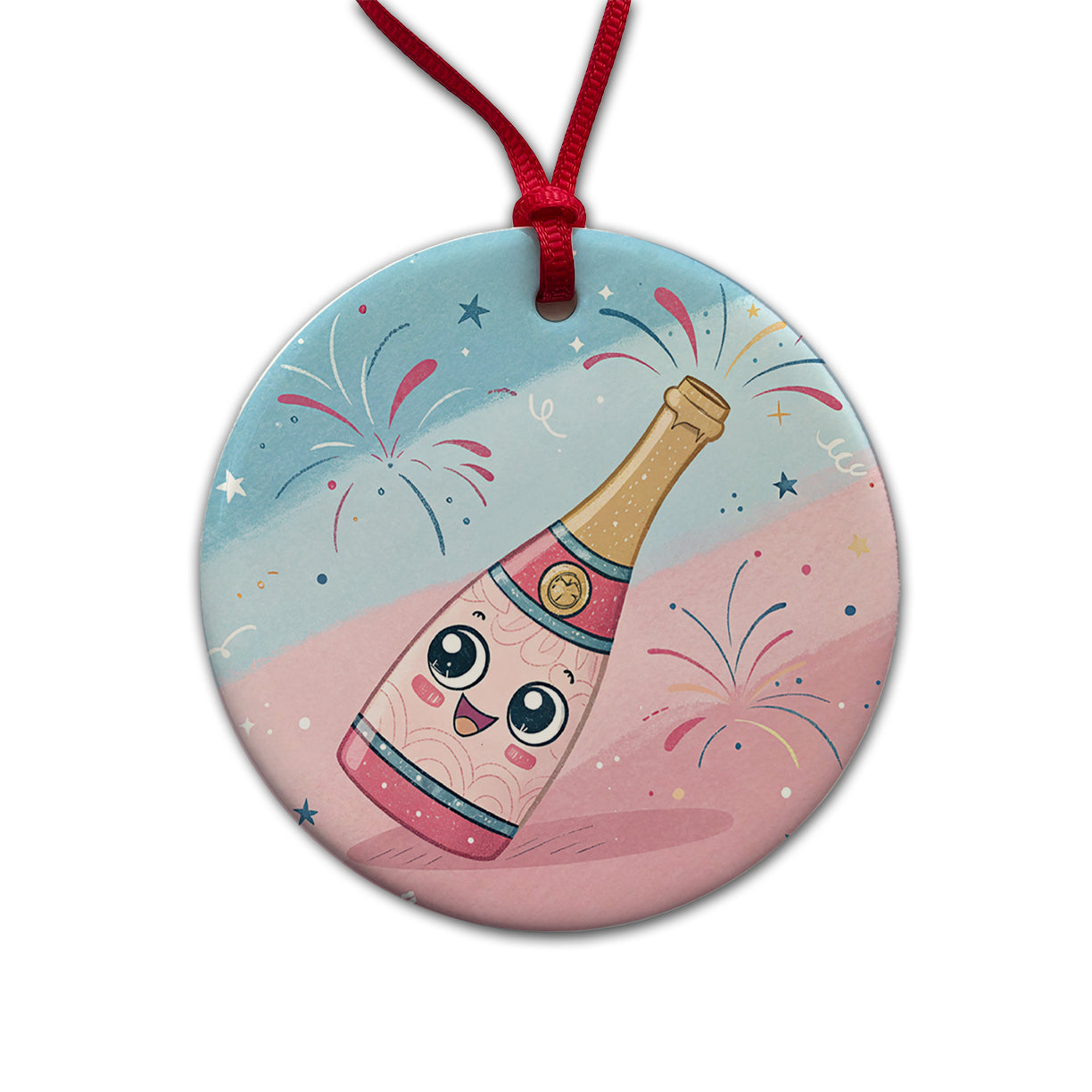 Kawaii Champagne Celebrate Round Ceramic Holiday Christmas Tree Ornament