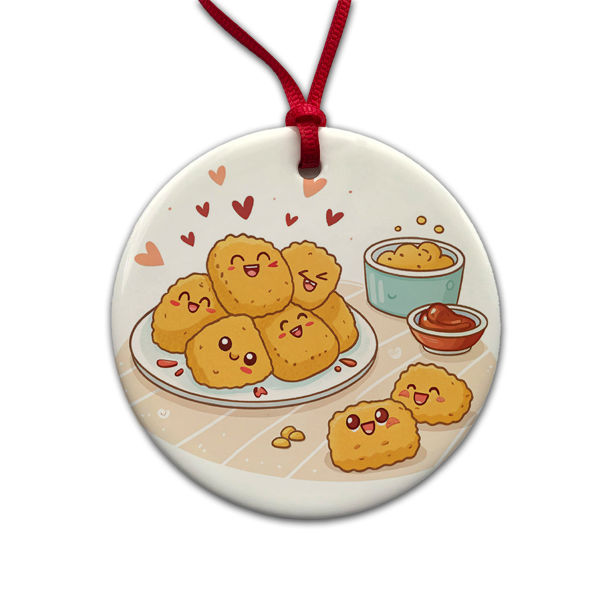 Kawaii Chicken Nuggets Round Ceramic Holiday Christmas Tree Ornament