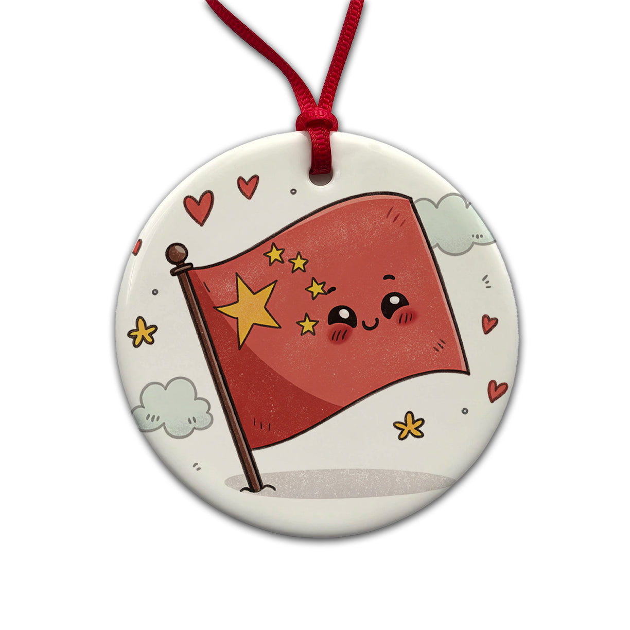 Kawaii China Flag Round Ceramic Holiday Christmas Tree Ornament