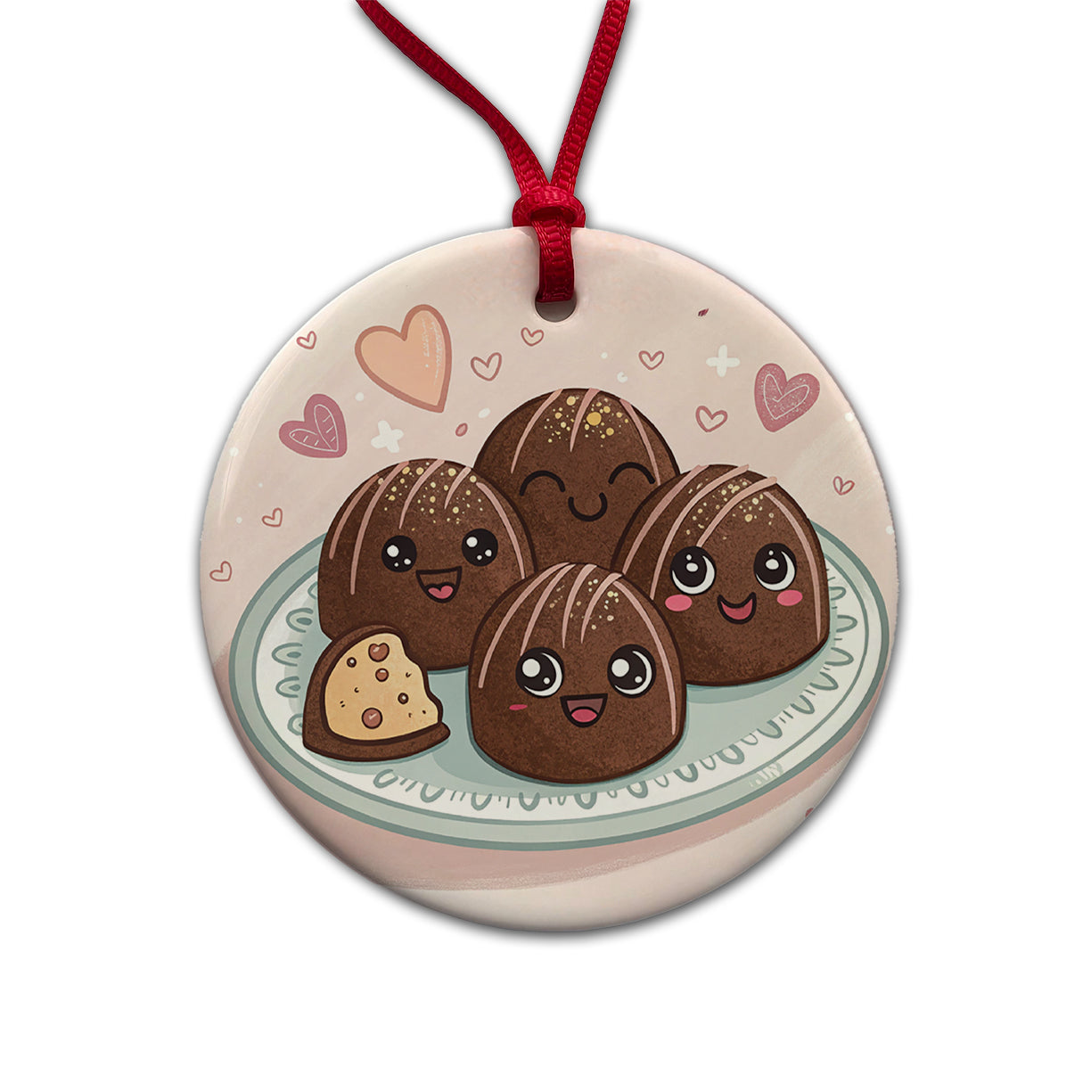 Kawaii Chocolate Truffles Round Ceramic Holiday Christmas Tree Ornament