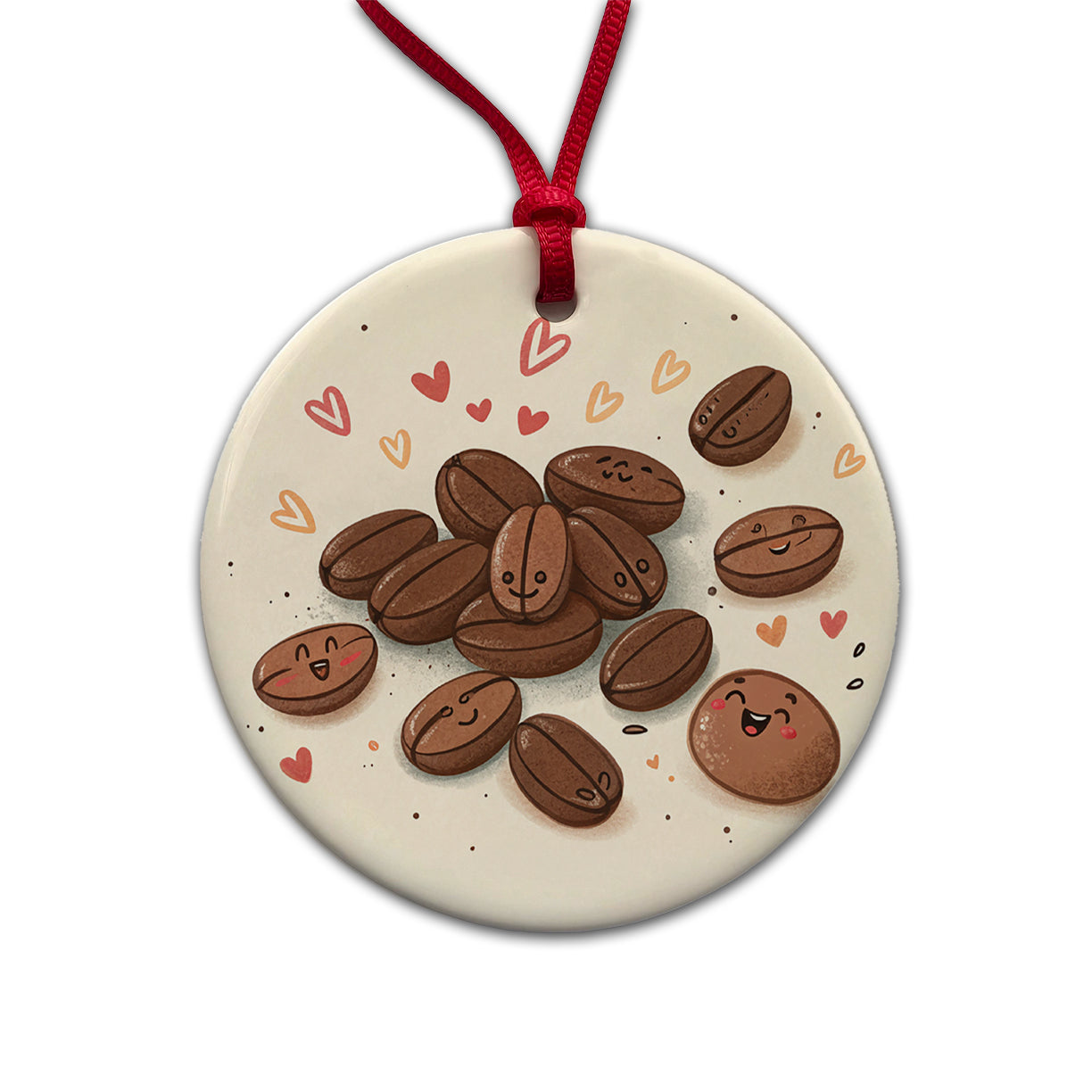 Kawaii Coffee Beans Round Ceramic Holiday Christmas Tree Ornament