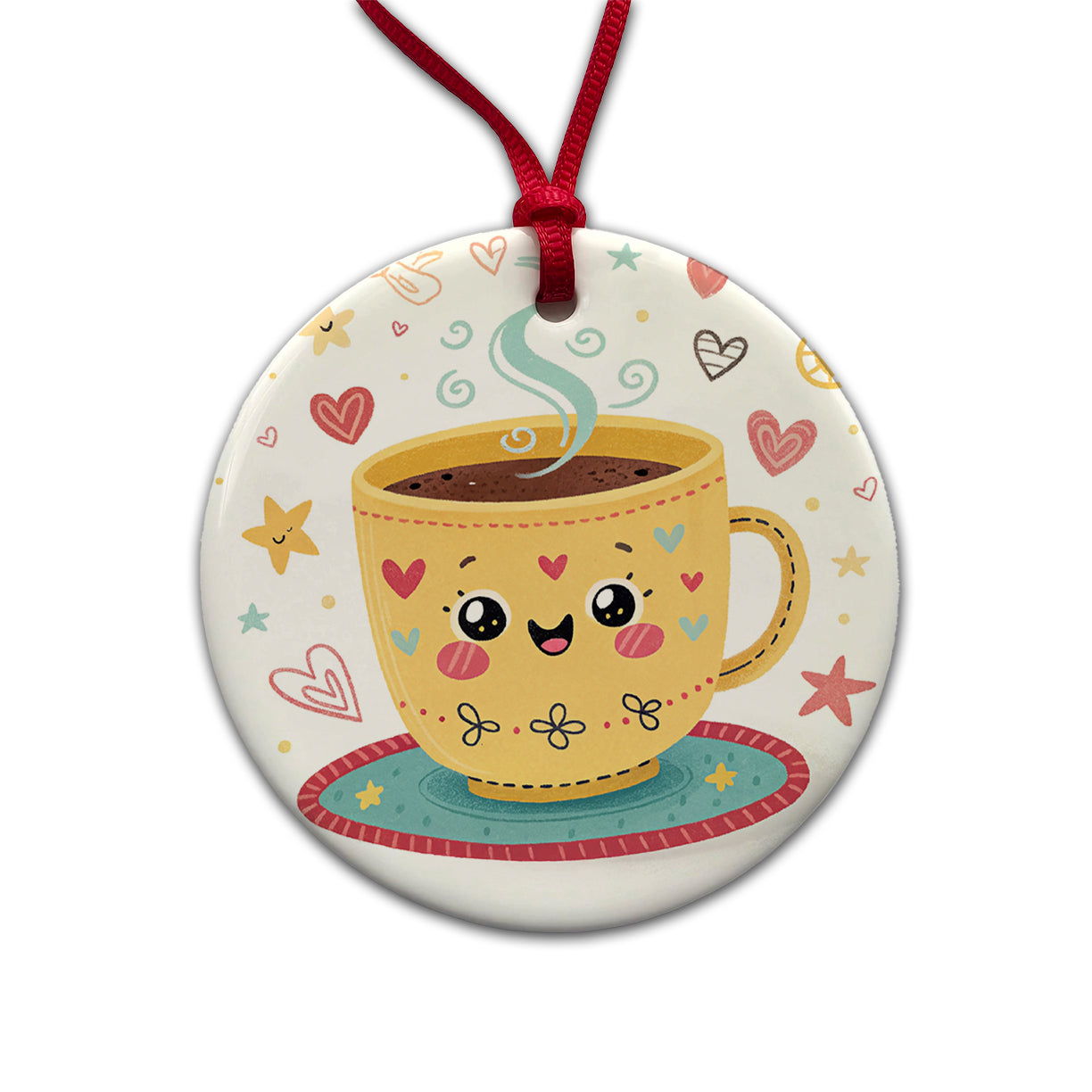 Kawaii Coffee Cup Round Ceramic Holiday Christmas Tree Ornament