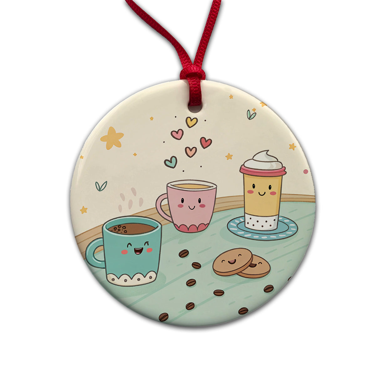 Kawaii Coffee Cups Latte Cappuccino Round Ceramic Holiday Christmas Tree Ornament