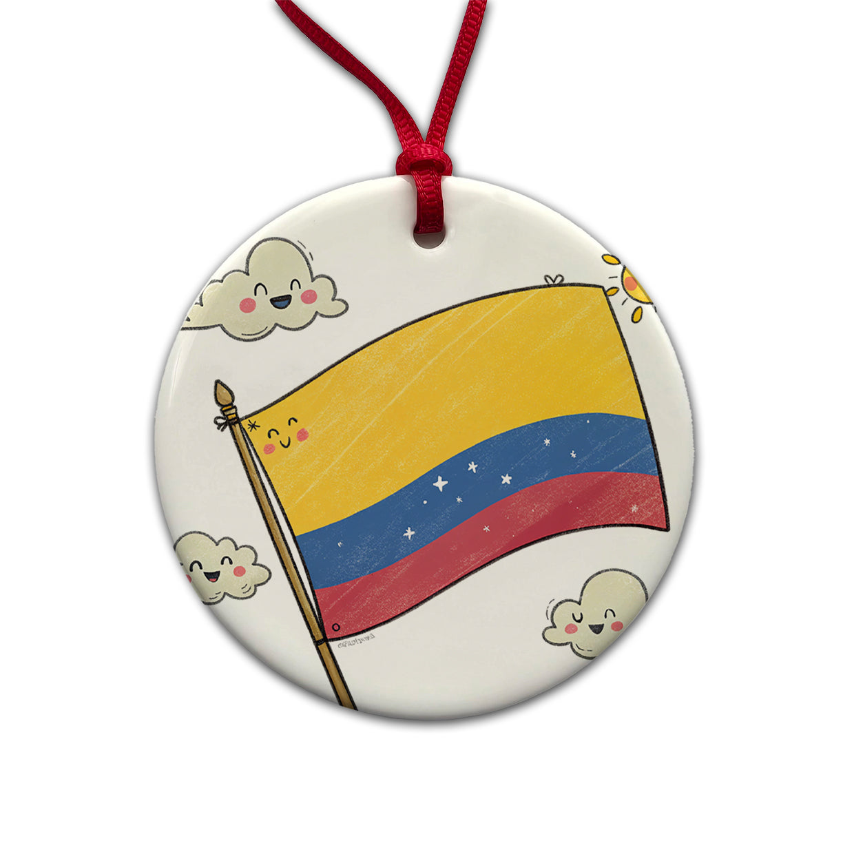 Kawaii Colombia Flag Round Ceramic Holiday Christmas Tree Ornament