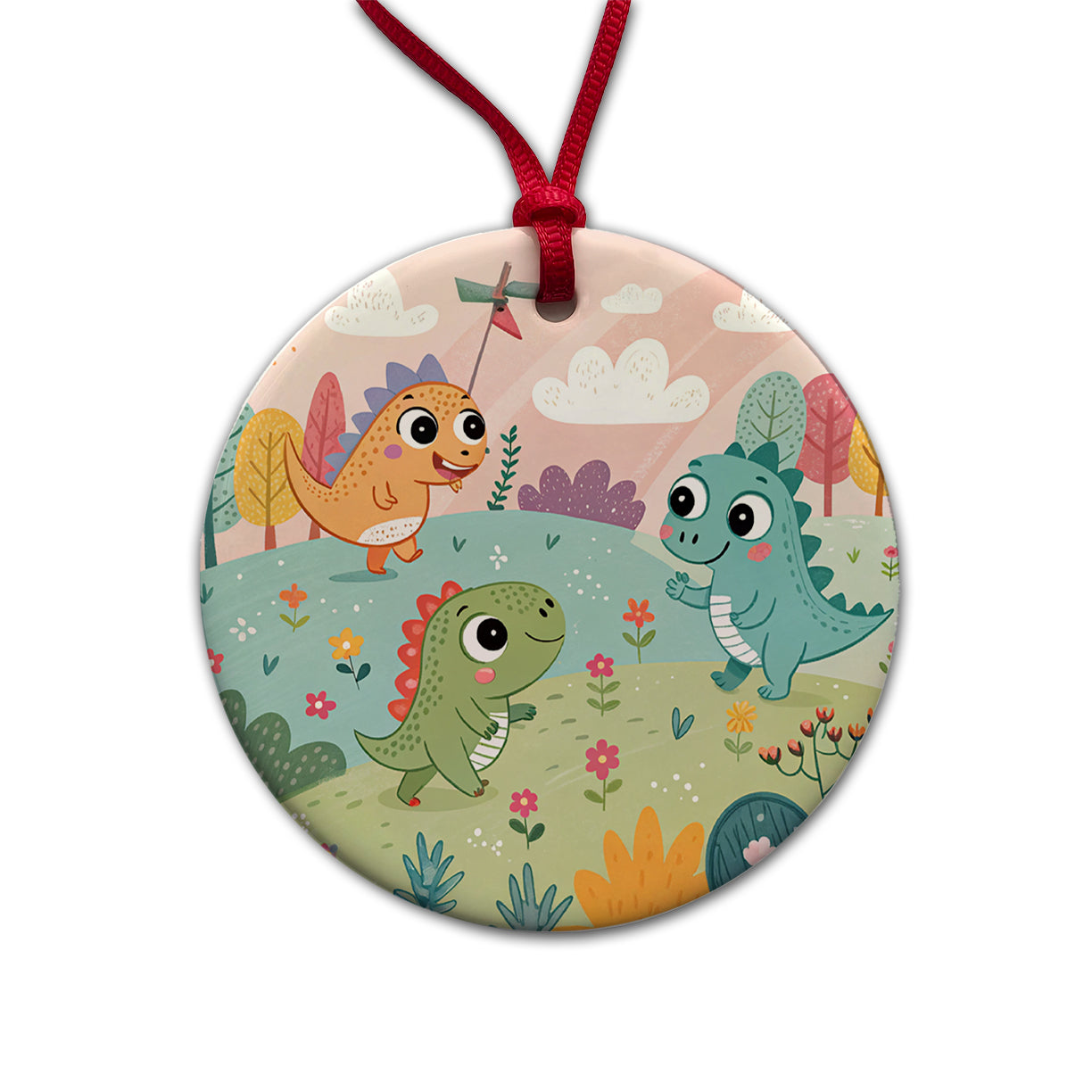 Kawaii Dinosaurs Round Ceramic Holiday Christmas Tree Ornament